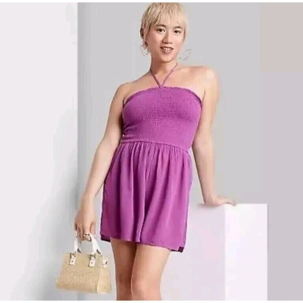 Wild Fable Women's Sz Large Romper Sleeveless Woven Smocked Crinkled Plum Purple
